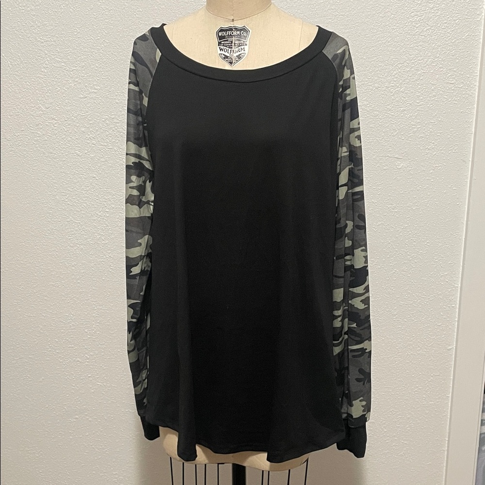 Black Long Sleeve Top with Camo Accents